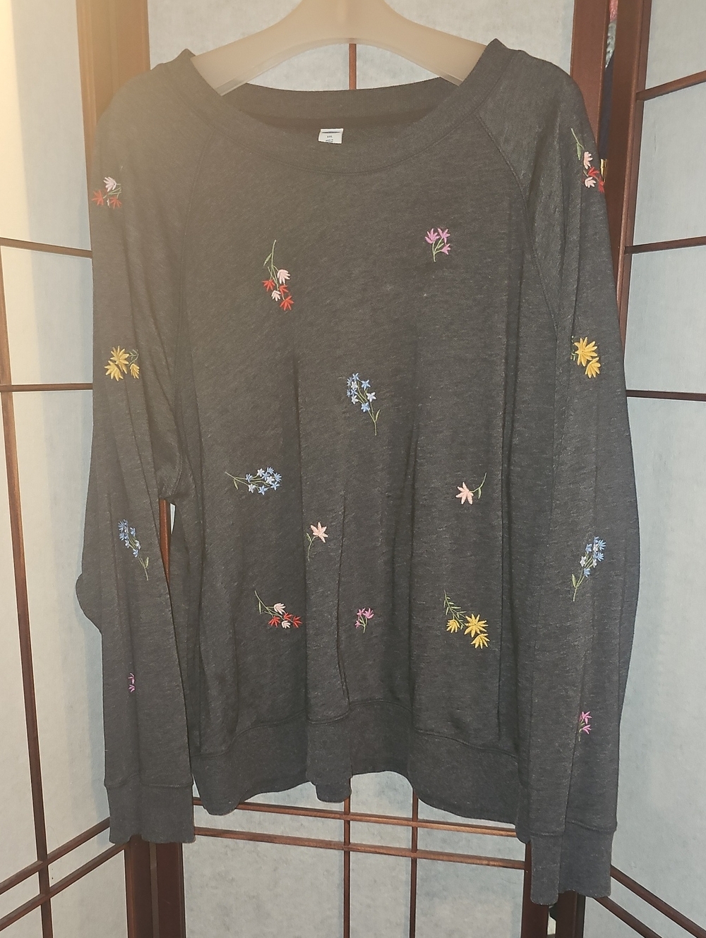 Old Navy Dark Charcoal Embroidered Floral Sweatshirt